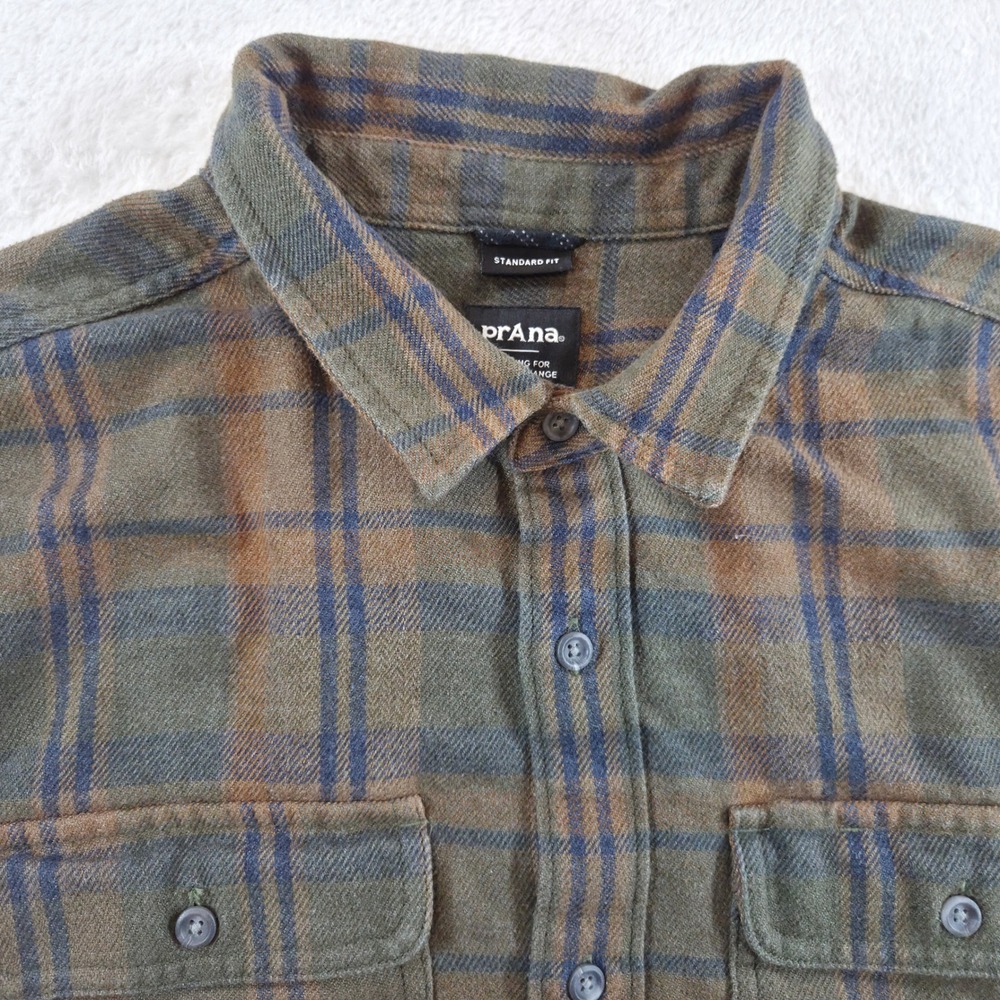 prAna Westbrook Flannel Shirt Mens Medium Standard Fit Plaid Long Sleeve Green